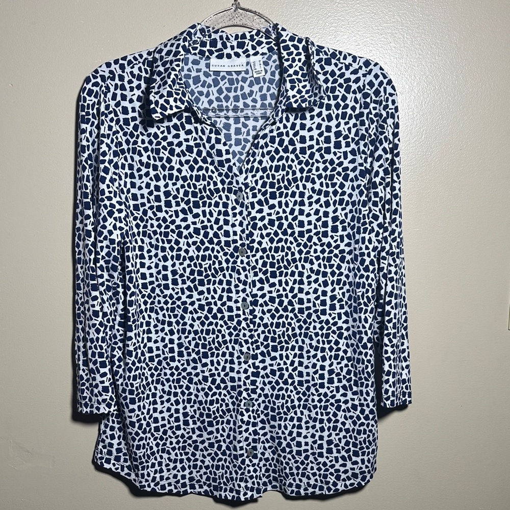 Susan Graver Medium‎ Navy White Geometric Button Down Top